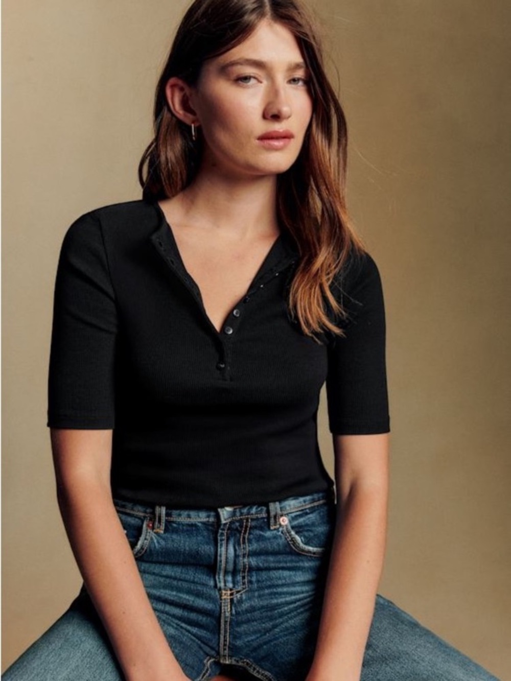 Sézane Theodora Ribbed Henley Top - Black - XXL